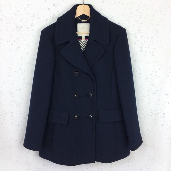 Kate Spade Bow-Back Double Breasted Peacoat Wool Blend Deep Navy L